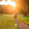 a person walking a dog on a path in a park