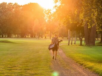 a person walking a dog on a path in a park